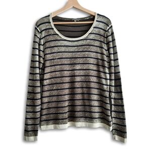 MARC AUREL Silk Cashmere Striped Crew Neck Fine Knit Sweater Black & Cream Sz M